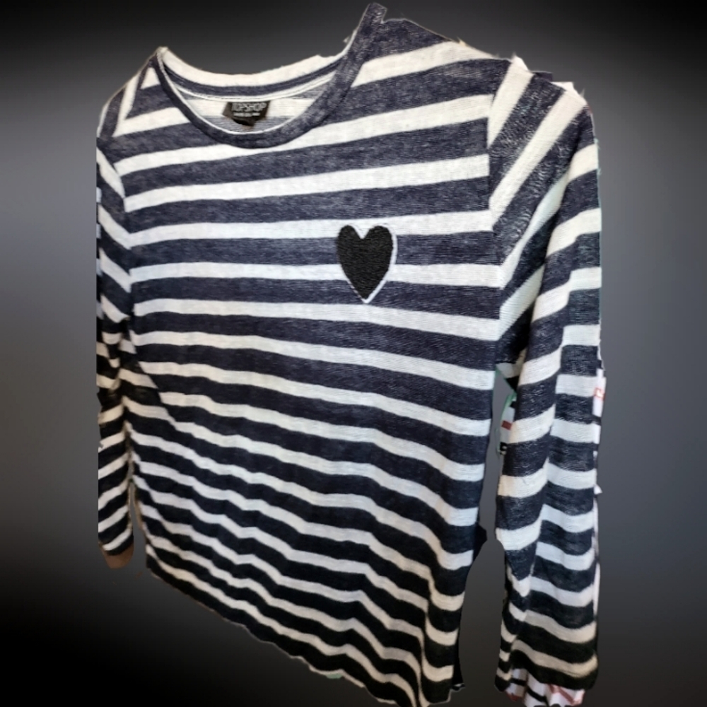 Topshop Blue and White Long Sleeve Tee with Heart Emblem